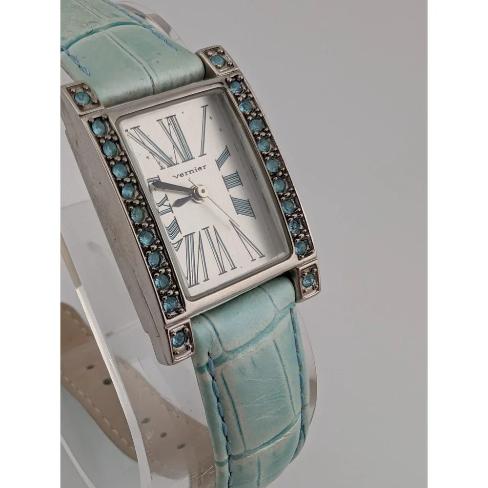 Vernier Tank Watch Women‎ 21mm Case Blue Pave Leather Band- New Battery
